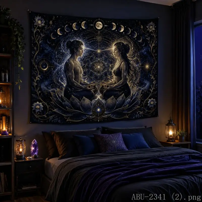 VIKAMA Moonphase, Twin Life, Harmony, Lotus, Zen, Tapestry, Tea Room, Tranquil Atmosphere, Living Room, Room Decoration