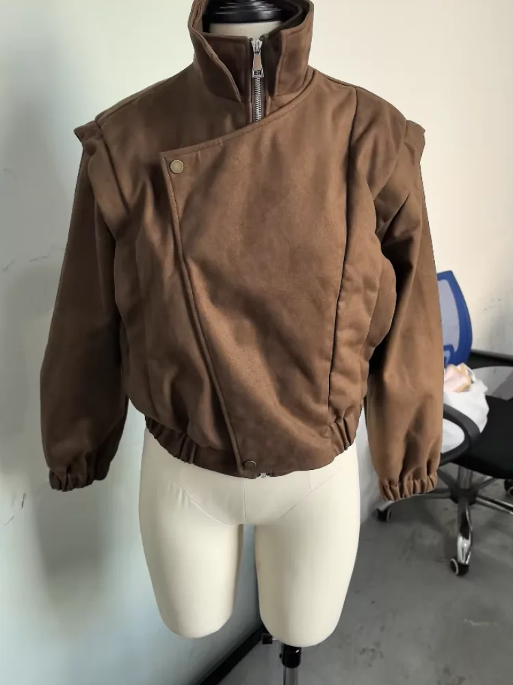 

Модные замшевые пальто для женщин, короткие куртки с отложным воротником и длинными рукавами на молнии, осень 2021, женская уличная верхняя одежда