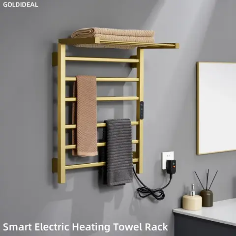 Gold Electric Heated Towel Rack with Top Shelf, Smart Thermostat Drying Rack, Wall Mounted Stainless Steel Bathroom Towel Warmer
