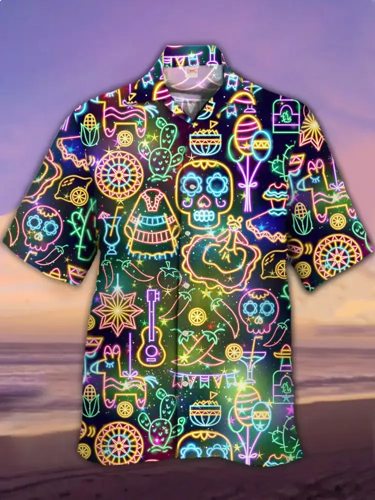 Herrenhemd im Mexikanischen Party-Stil, Kreatives 3D-Druck-Oberteil, Neues Sommer-Hawaiihemd, Lässiges Kurzarmhemd im Koreanischen Stil für Männer