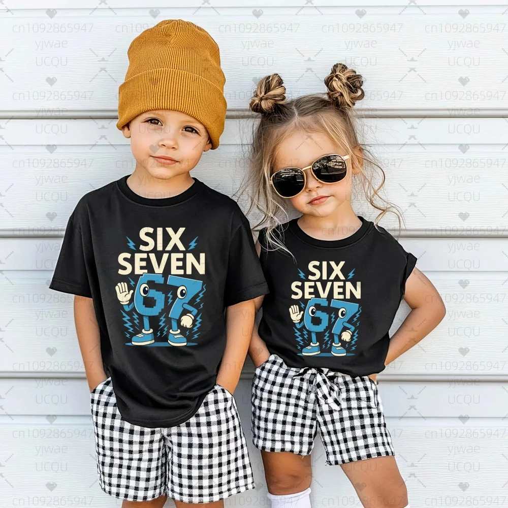 Kinder Six Seven 67 Shirt, lustiges Zahlen-Cartoon-T-Shirt, süßes Charakter-Kinder-T-Shirt, grafisches Oberteil für Jungen und Erwachsene, kurzärmelige Sport-T-Shirts
