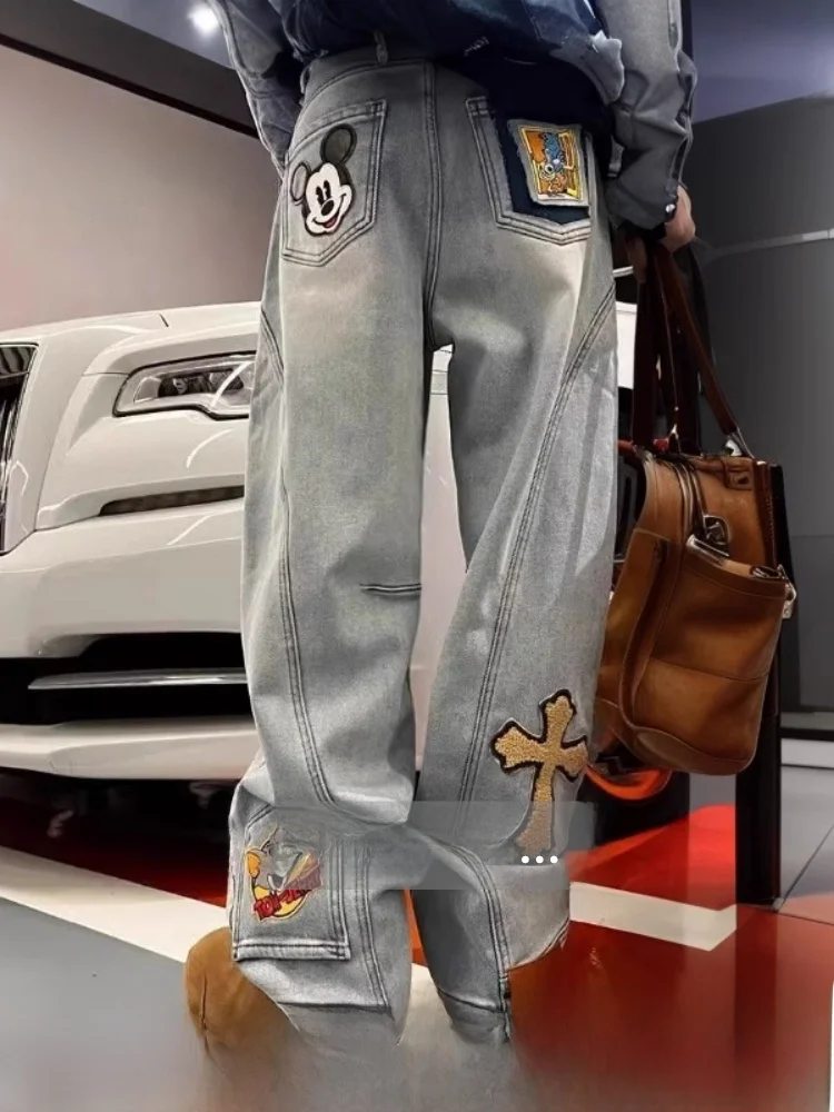 

Mickey Cartoon Wide Leg Jeans Women's Spring Autumn Embroidered Knife Denim Pants Low Waist Long Trousers Casual Style