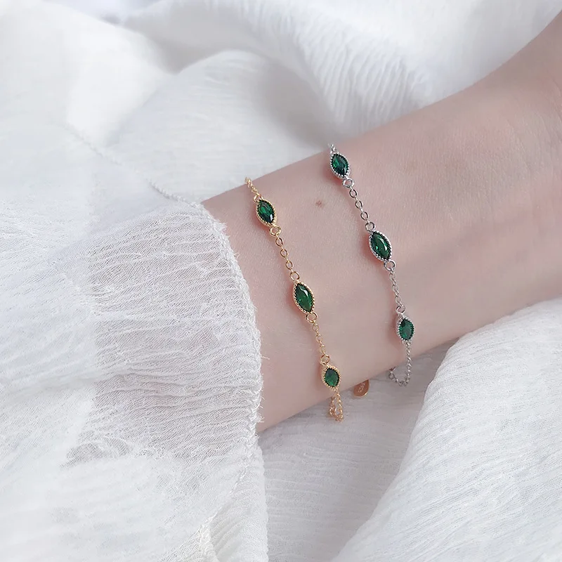 Fashionable and Versatile Grand Green Imitation Gemstone S925 Silver Three Teardrop Olive Bracelet