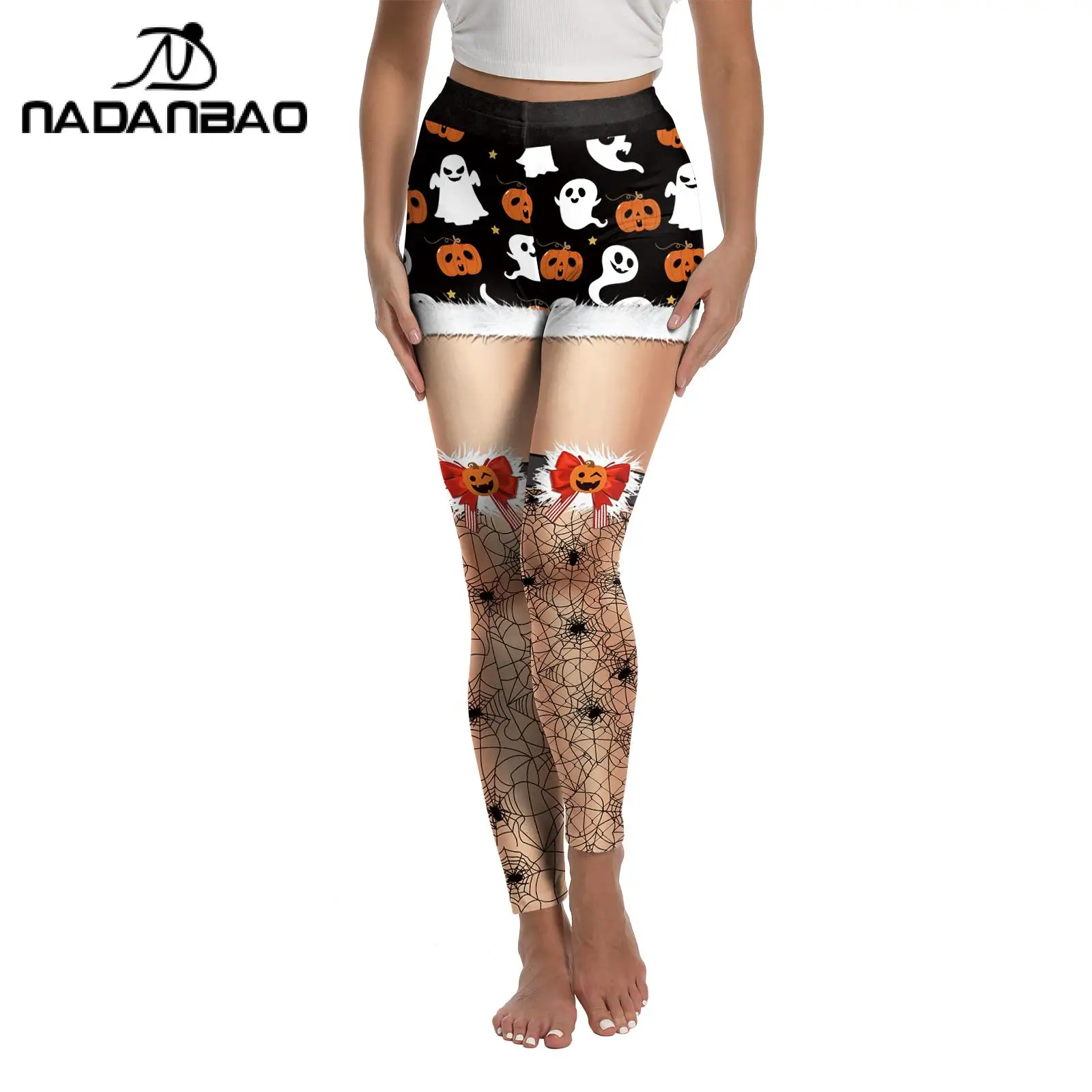 Legginsy damskie Nadanbao na Halloween z nadrukiem dyni i ducha, pomarańczowo-czarne spodnie w paski, letnie spodnie imprezowe, seksowne legginsy do jogi