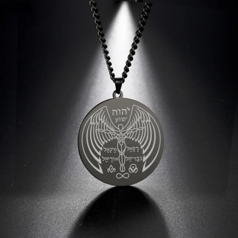 Vintage Human Wing Words Pattern Round Pendant Necklace for Men Boys Fashion Jewelry image 4