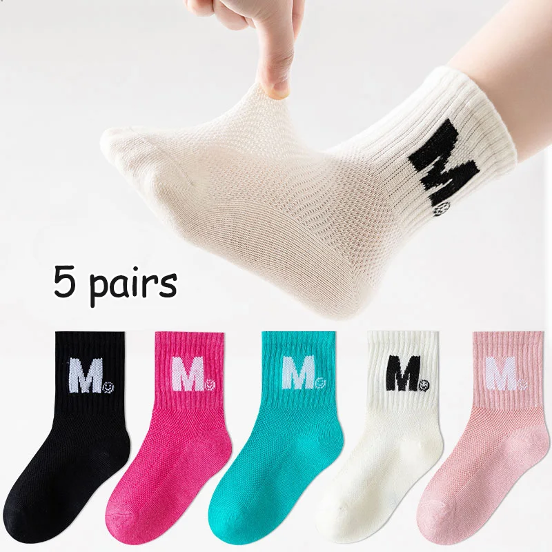 5 pairs of children\'s socks Girls Spring and autumn mesh socks students mid-tube sports socks All-match sweat non-smelly foot pr