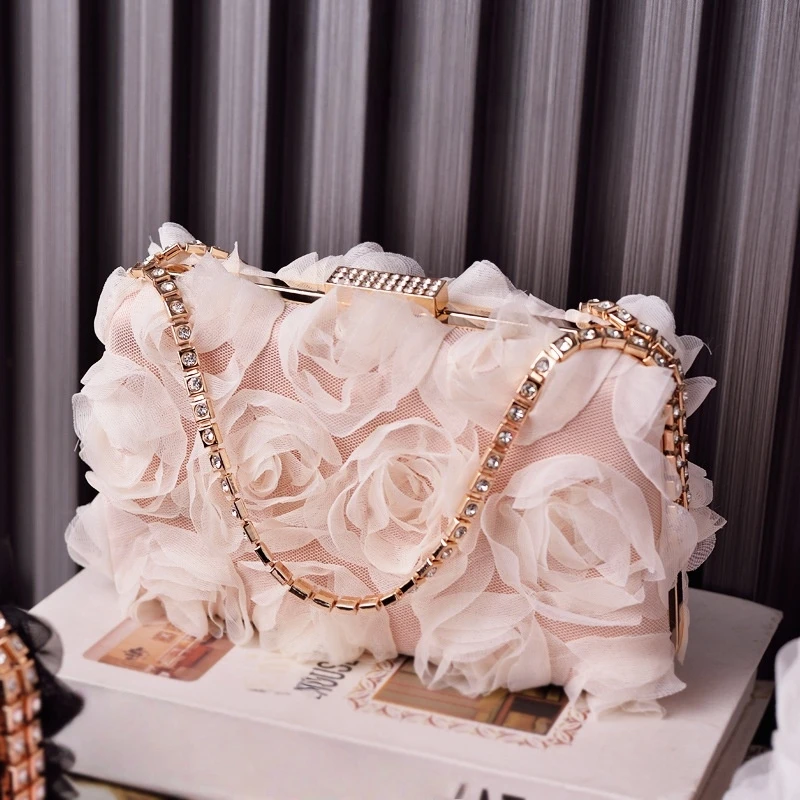 

Elegant Women Chiffon Floral Evening Bag Prom Party Shoulder Bag Rose Floral Clutch with Rhinestone Chain Evening Bag for Women