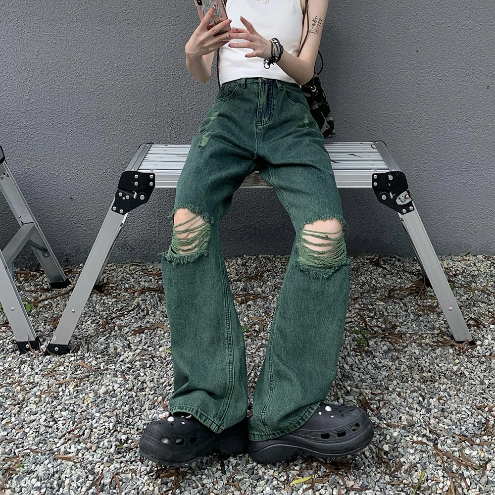 

Women's Green Perforated Design Straight Wide Legs Vintage Jeans Cool Girl High Waisted Pants Female Retro Denim Trousers 2024