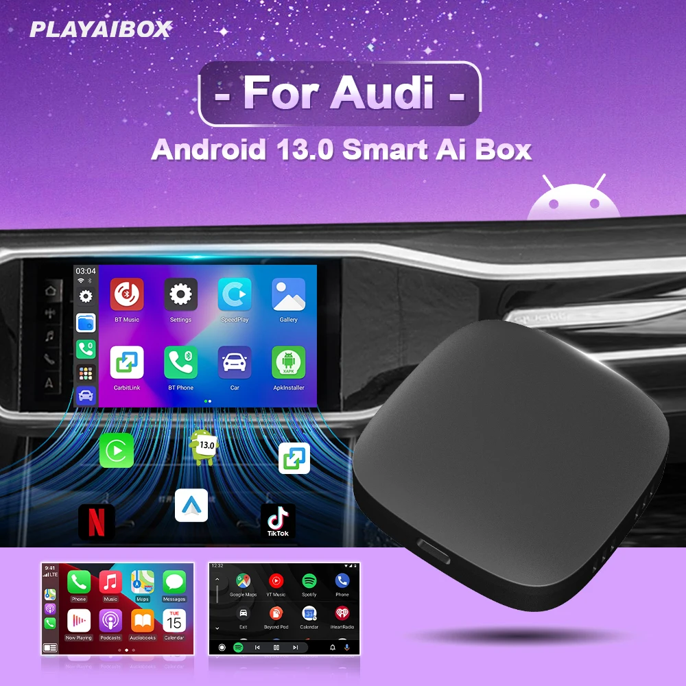 

Android 13 Carplay Ai Box Wireless Carplay Android Auto для Youtube Netflix для Audi A3 A4 A5 A6 Q2 R8 Q5 e‐tron Q8 TT e‐tron GT