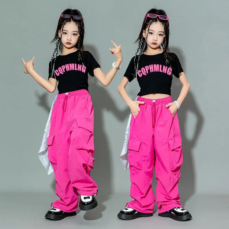 Mädchen Jazz Dance Kostüm Street Dance Hip Hop Brief Kurzarm + Cargo Hosen Kind Leistung Kostüm Üben Outfits
