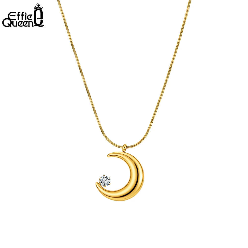EFFIE QUEEN Fashion New Design Moon Pendant Chain Necklace Jewelry 18k Gold Plated Stainless Steel Zircon Choker Chain STKN19