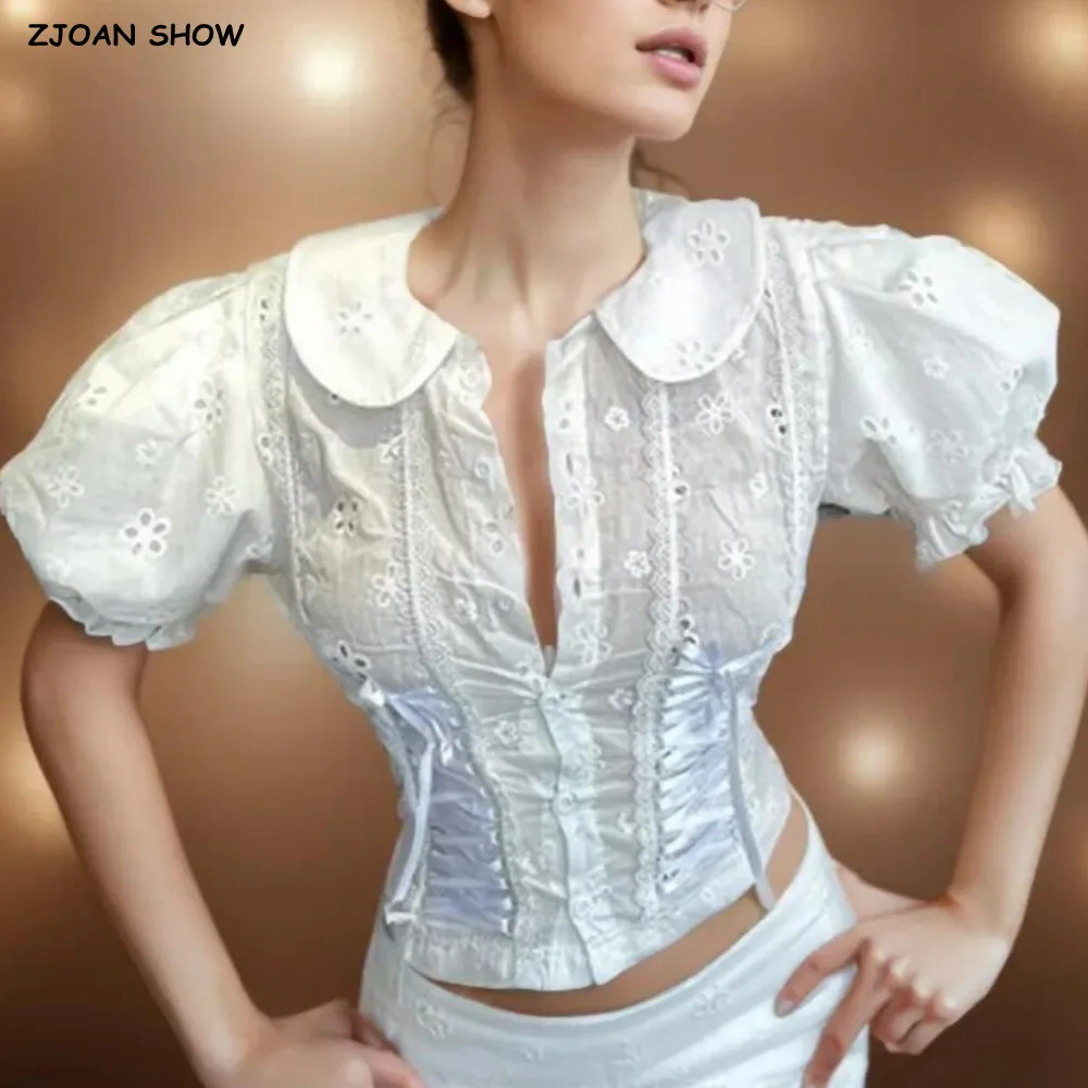

2025 Sweet White Embroidery Hollow Out Hole Splice Lace Peter Pan Collar Short Sleeve Shirt Women Ribbon Front Slim Crop Tops