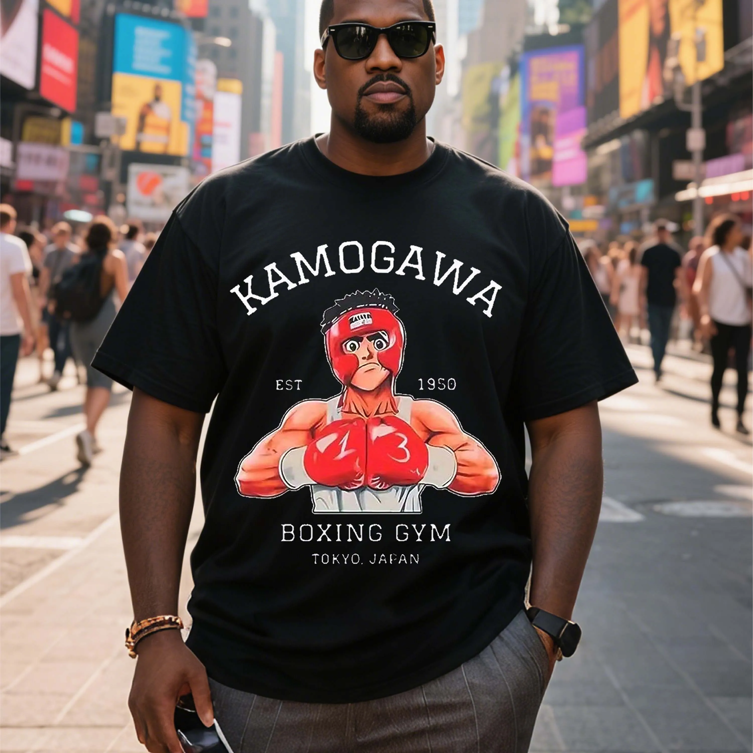 Grote maten zwart T-shirt met korte mouwen, bokspatroon en "Kamogawa" bedrukt, geschikt voor vrijetijdskleding in de zomer