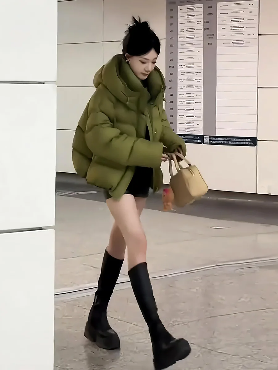 여성용 오트 화이트 다운 재킷 2025년 겨울 신상 따뜻한 코트 트렌디 후드 끈 달린 출퇴근용