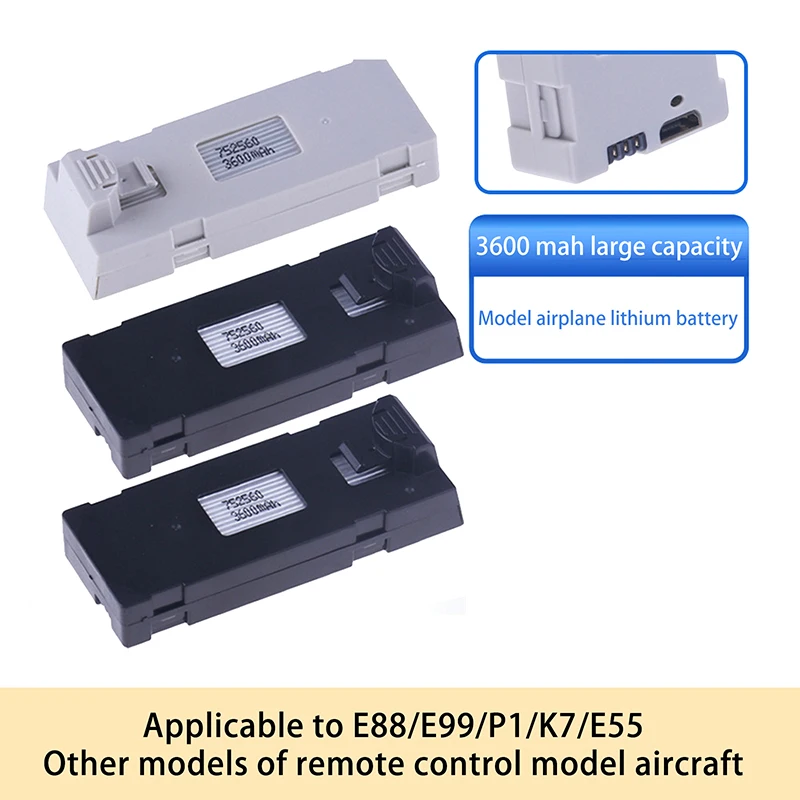 Batterie de remplacement UAV stable pour importateur RC, E88 E88PRO E88MAX EfruitE99 E99PRO erian P5PRO K3 l's P8, 3.7V, 3600mAh, 1PC