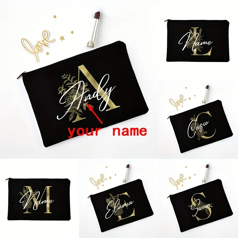 Personalized Initials Makeup Bag Bridesmaid Maid of Honor Holiday Canvas Monogram Cosmetic Pouch Wedding Bachelorette Party Gift