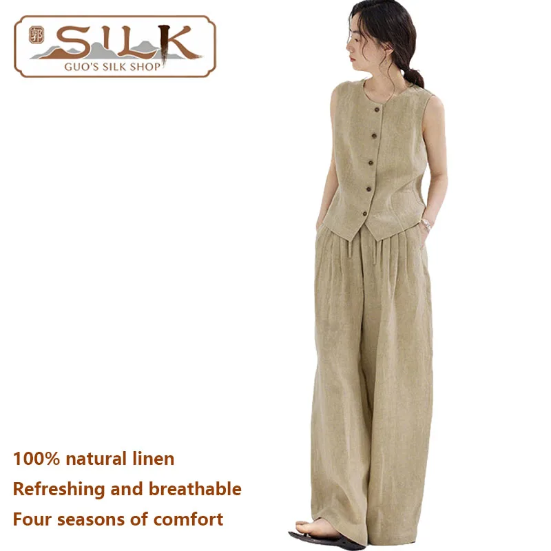

High-end Natural Pure Linen Women's Set - Sleeveless Top and Wide Leg Pants (2 Pieces) Elegant and Luxurious Women's Clothing
