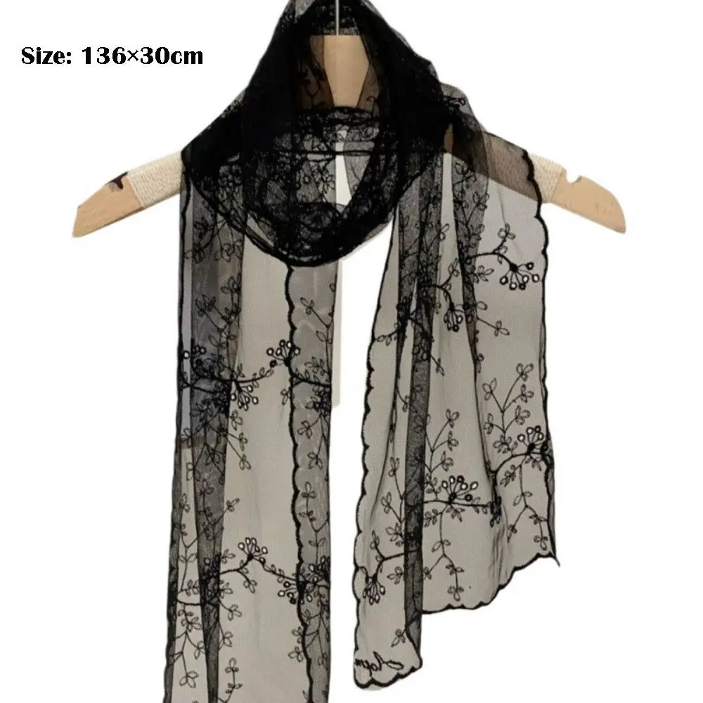 Casual Retro Women's Lace Scarf Long Korean Version Sunscreen Shawl Embroidered Flower Female Headscarf
