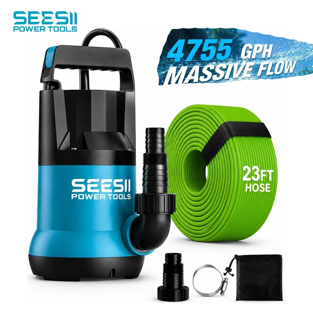 SEESII 1HP Submersible Water Pump 4755 GPH High Flow With 23ft Hose Anti-Clogging Filter Bag, Sump Pump for Swimming Pool, Hot Tub, Pond, Flooded Basement, Rooftop, Garden Water Removal