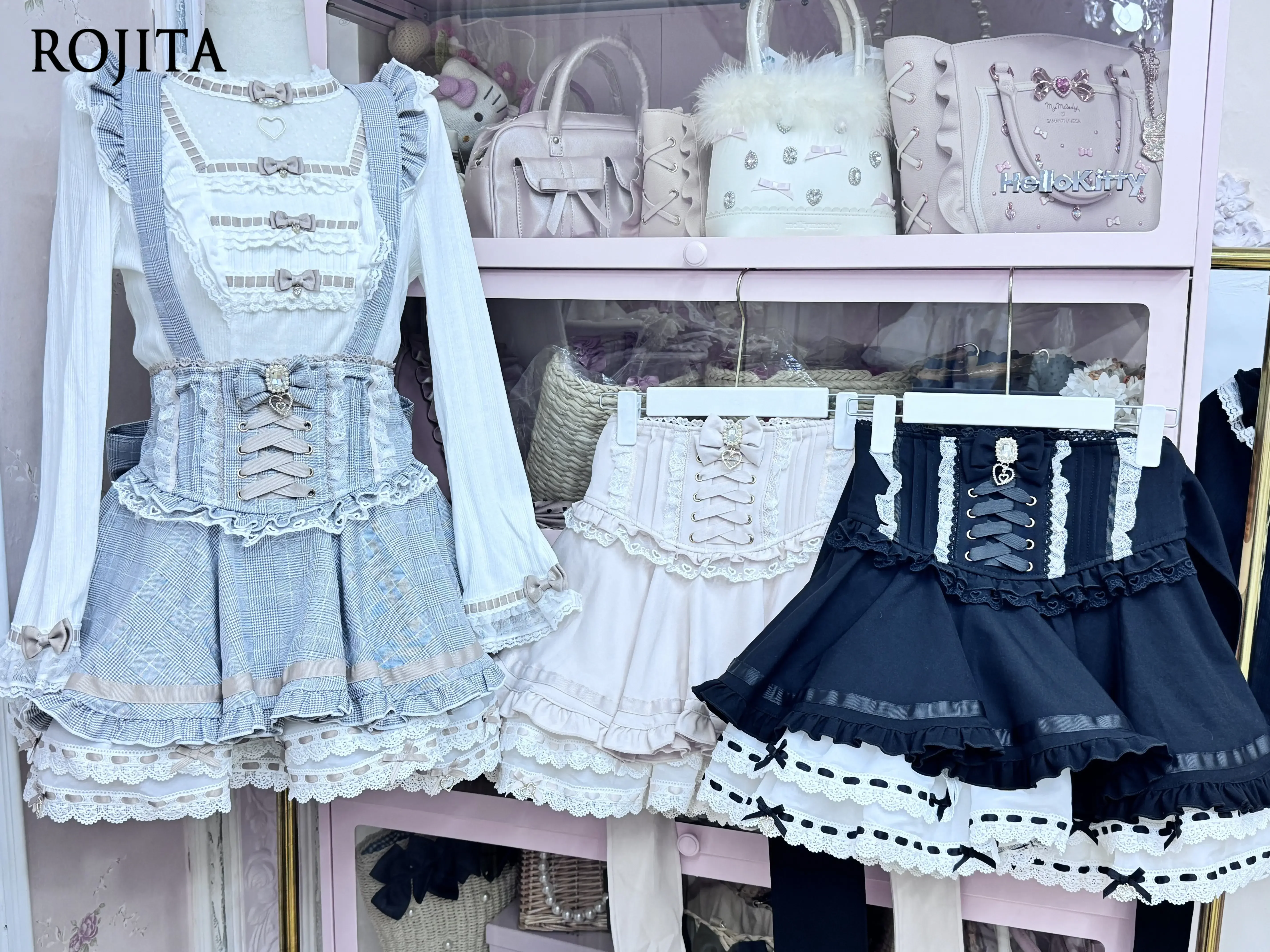 Kawaii Gothic Lolita Corset Waist Suspender Skirt Lace Trim Multi Ruffle Hem Skirt Plaid Lace Ruffle Bow Layered Mini Skirt