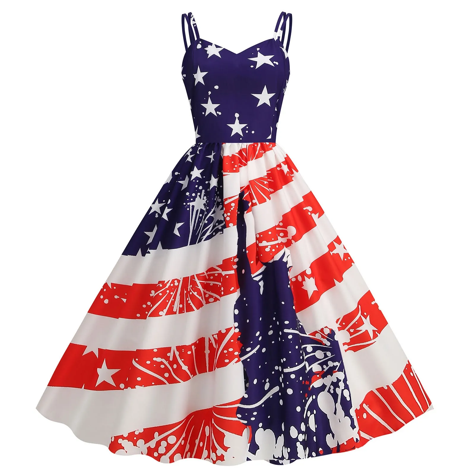 Vestido Formal elegante para mujer, Vestido con tirantes, estampado de bandera americana, línea A, Swing, Sexy, día de la independencia, Verano