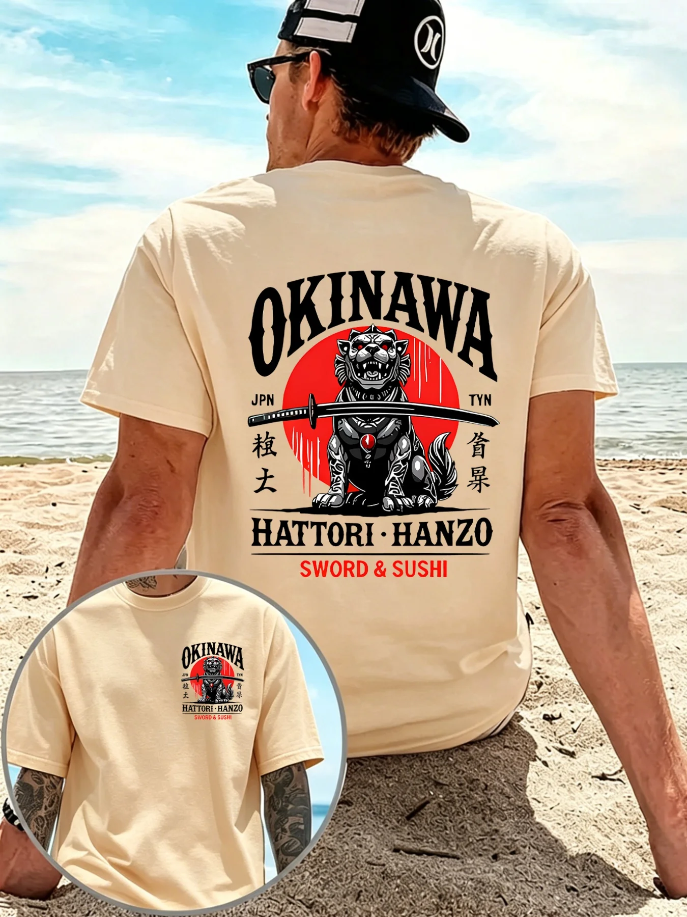 Men'S Summer New Casual Versatile T-Shirt Short Sleeve Okinawa Hattori Hanzō Samurai Badge Double-Sided Pattern Print