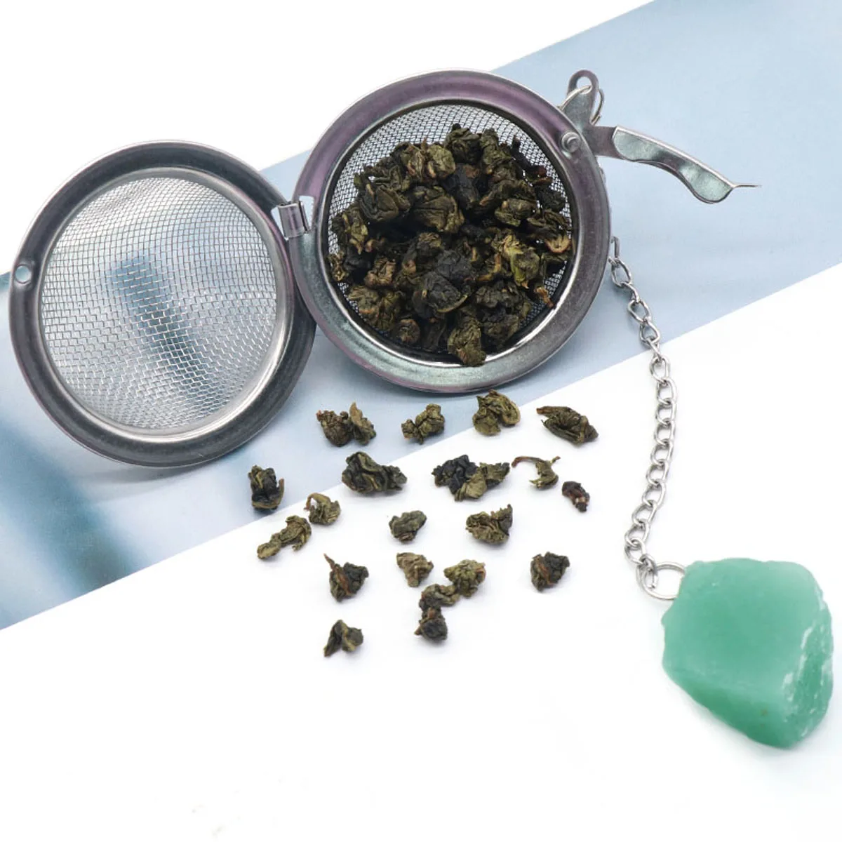 1pc Natural Crystal Stone Practical Tea Infuser Mesh Filter with Chain 304 Stainless Steel Tea Strainer Teapot Spice Kitchenware