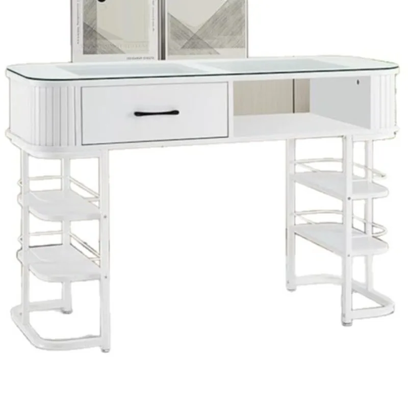 Modern minimalist nail table with storage rack beauty and nail workbench, glass countertop nail table