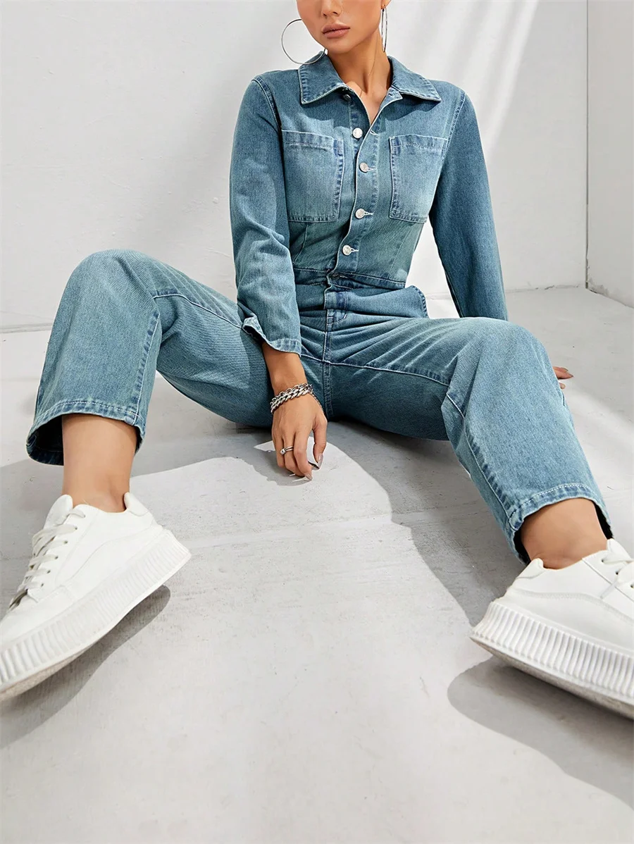 Benuynffy Jumpsuit Denim Retro wanita, Jumpsuit kaki lurus kasual pinggang tinggi setengah kancing, Jumpsuit Denim cuci Amerika musim gugur dengan saku