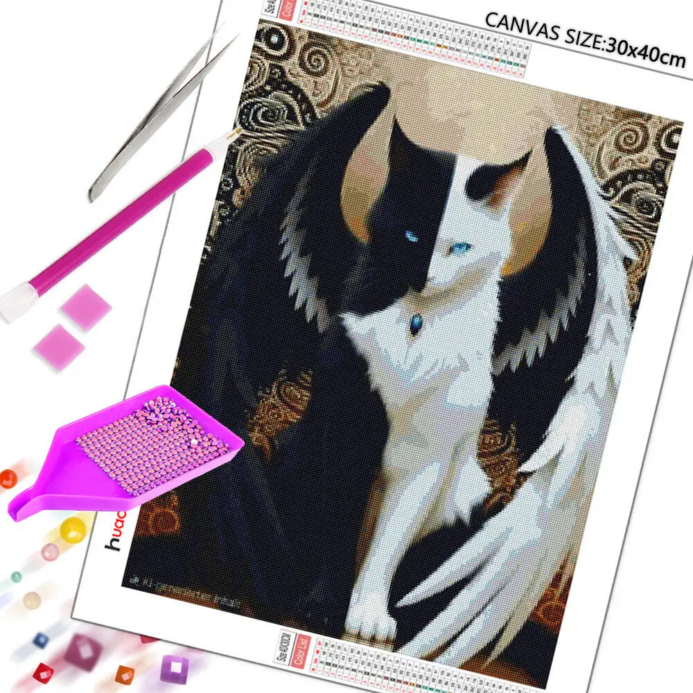 Huacan 5D DIY Diamond Painting Kit Black White Wings Cat Full Square/round Diamond Embroidery Mosaic Home Decor Craft Gift