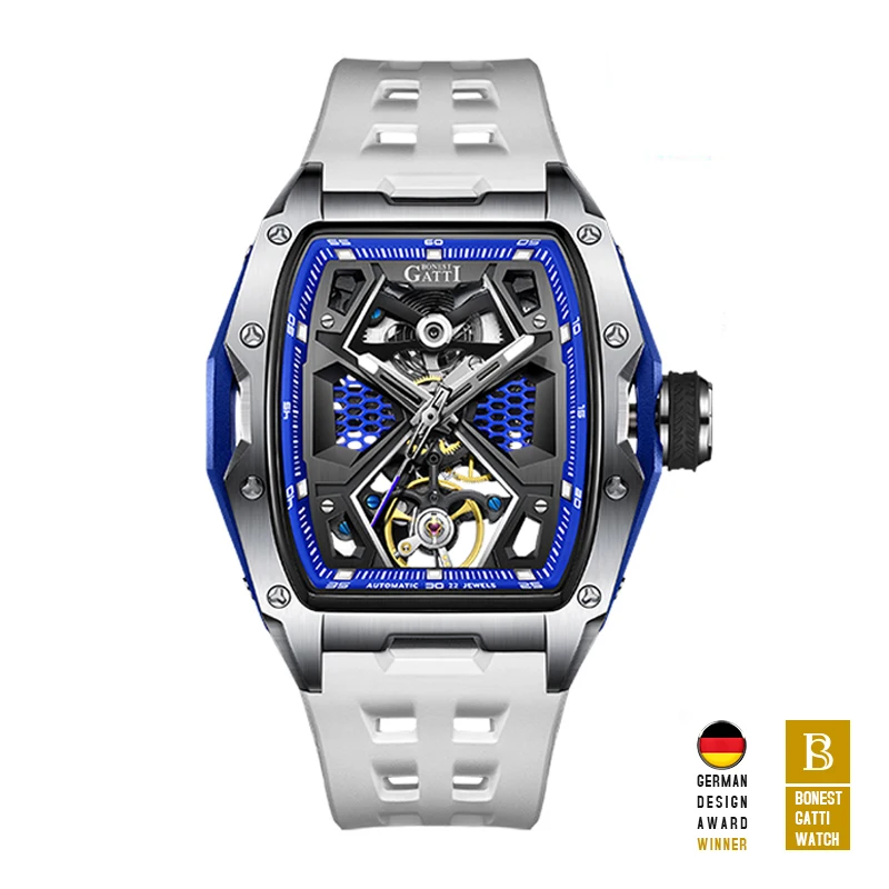 

BONEST GATTI Men Automatic Watch Luxury Watches Luxury Mechanical Wristwatch Skeleton 50M Waterproof Sapphire Tonneau Luminous