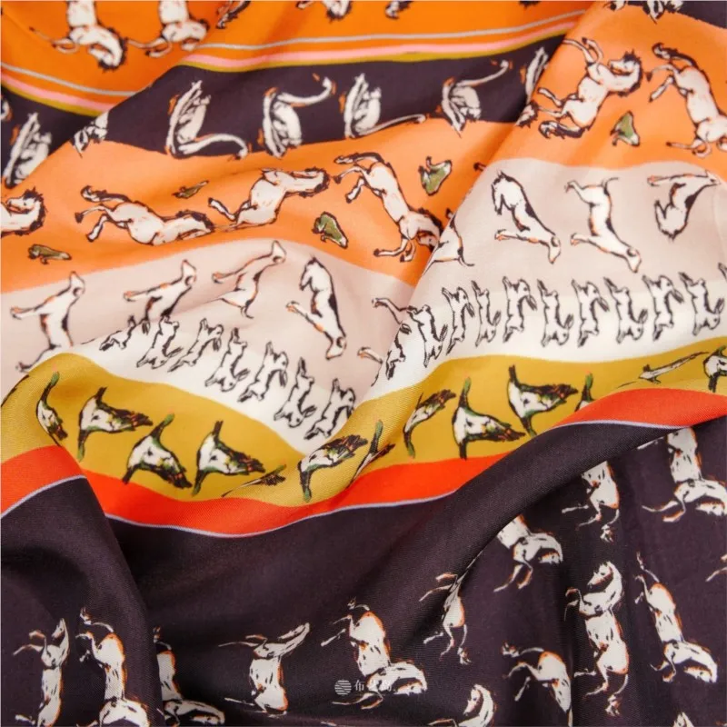 Light luxury orange blue and yellow printed silk fabric shirt cheongsam dress designer