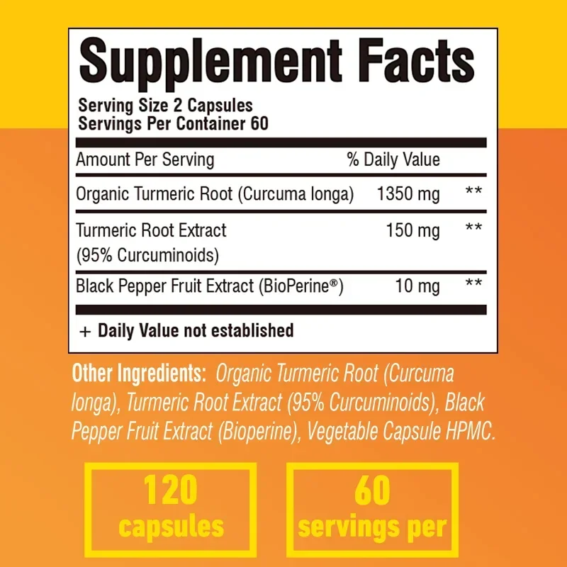 Kurkuma Kurkumin - Antyoksydant, wspiera zdrowie serca, zmniejsza ból stawów, poprawia trawienie - z ekstraktem z czarnego pieprzu 1500 mg