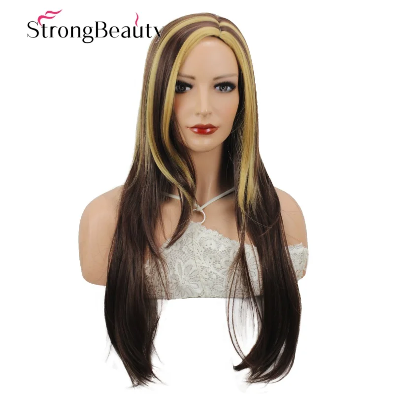 

Длинные многослойные парики StrongBeauty, коричневые с клубнично-русыми бликами, синтетические женские волосы