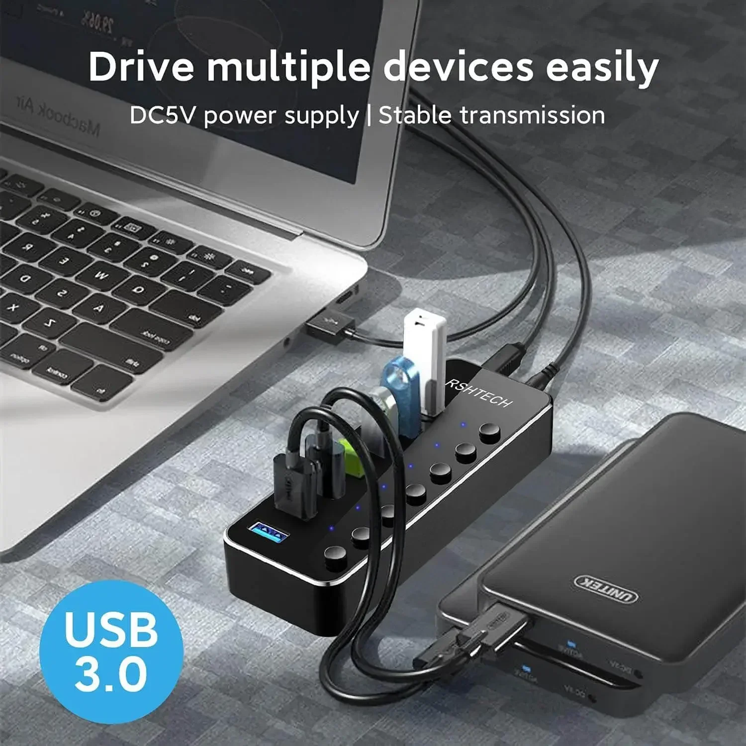 Imagem -03 - Rshtech Hub Usb 3.0 de Portas de Alumínio Gbps Divisor de Transferência de Dados com Interruptores Liga Desliga Individuais e Adaptador 5v 2a