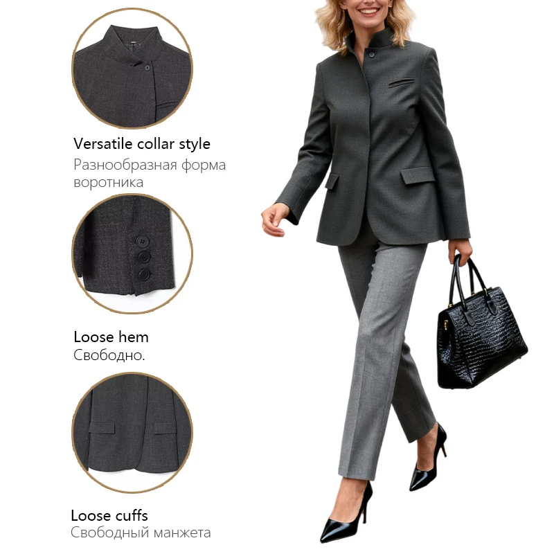 سترة نسائية بياقة واقفة وجيوب بأزرار غير متماثلة وأكمام طويلة سترة أنيقة في مكان العمل سترة Trafizaran #6