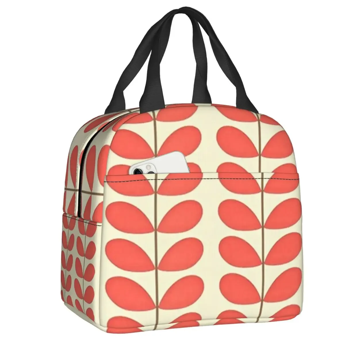 Red Color Multi Stem Orla Kiely Insulated Lunch Bag Women Scandinavian Flowers Lunch Tote for Outdoor Camping Travel Food Box