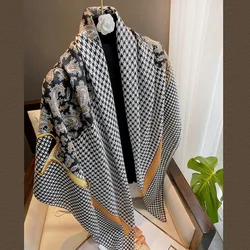 Women Autumn Winter Large Size Cotton Feeling 130cm Square Houndstooth Printed Female Hijab Pashmina Shawl Scarf