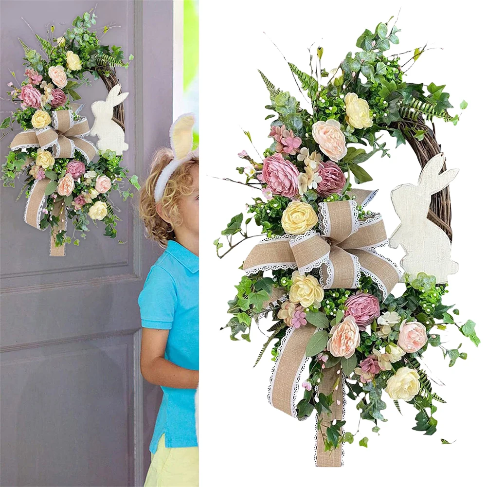 

Easter Bunny Wreath Easter Wreath with Bow Artificial Flower Wreath Hanging Wreath for Front Door Easter Decorations