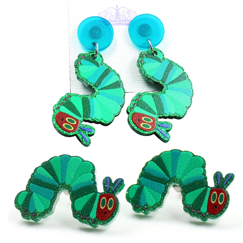 New Lovely Simulation Green Caterpillar Acrylic Earrings for Women Girls Fashion Jewelry Funny Insect Dangle Earrings Brincos