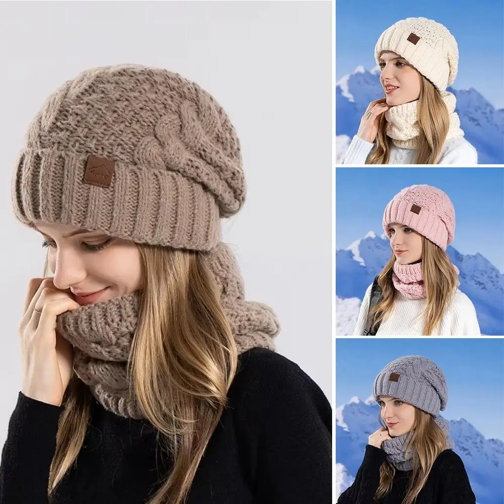 2Pcs/Set Fashion Windproof Knitted Hat Scarf Set Thickened Keep Warm Ear Protection Cap Cold-proof Beanies Cap Winter