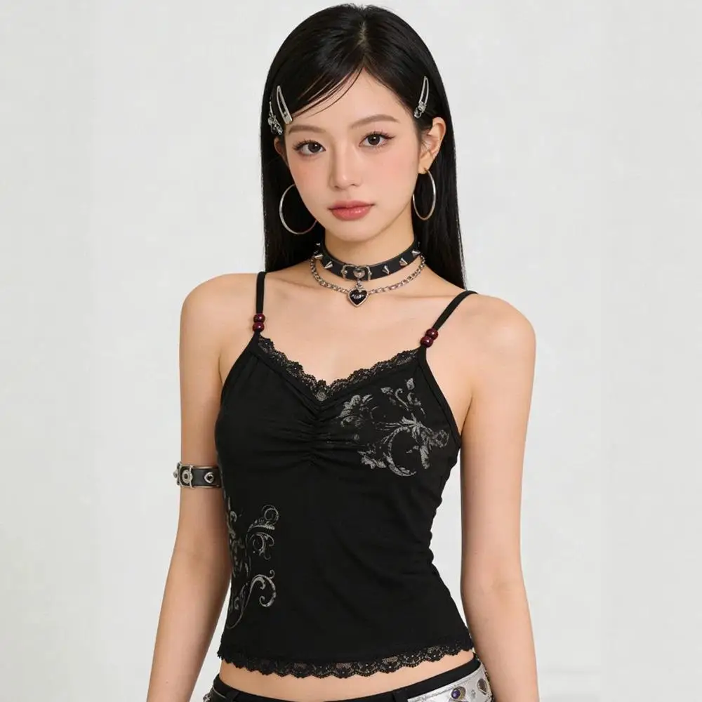 2026 summer European and American style women's lace border leopard print contrasting splicing suspender sexy Y2K spicy girl inn