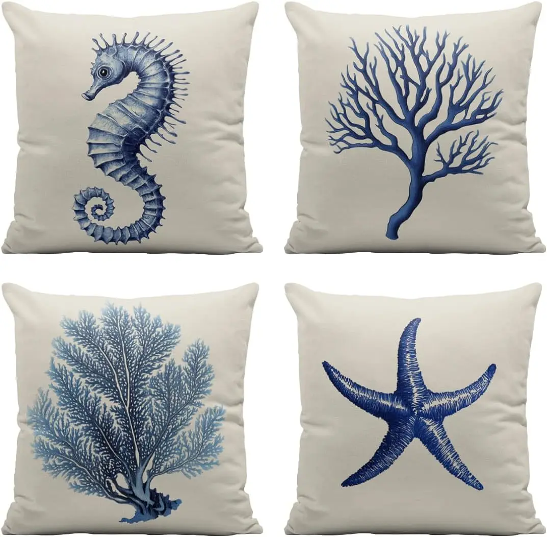 4Pcs Nautical Throw Pillow Covers, Coastal Cushion Cases with Blue Seahorse Coral and Starfish for Living Room Sofa Home Decor