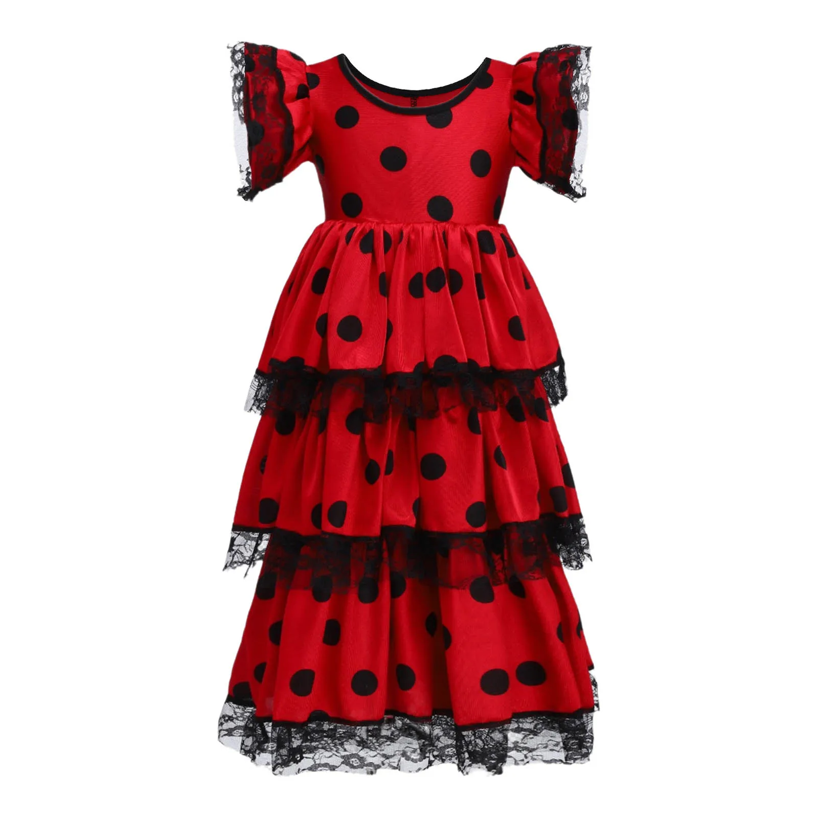 Costume de Flamenco pour enfants filles, ensemble de 3 pièces, robe de danse en dentelle Patchwork avec cravate à la taille détachable et éventail, vêtements de danse latine lyrique