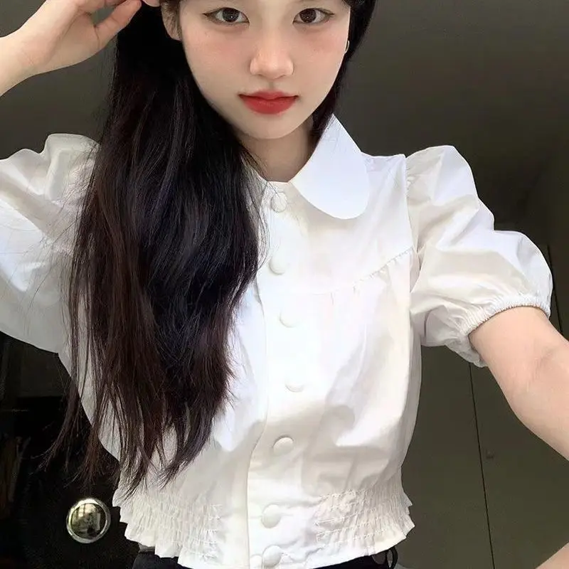 White Preppy Style Shirts Women JK College Lolita Fashion Sweet Girlish Crops Blusas Casual Puff Sleeve Cute Peter Pan Collar