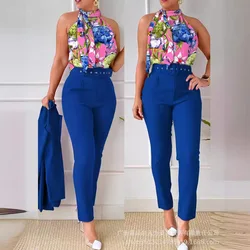 Floral Print Tie Neck Tank Top & High Waist Pants Set Two Piece Sets Women Y2k Tops Long Pant Set Sexy Lace Up Belt 2024