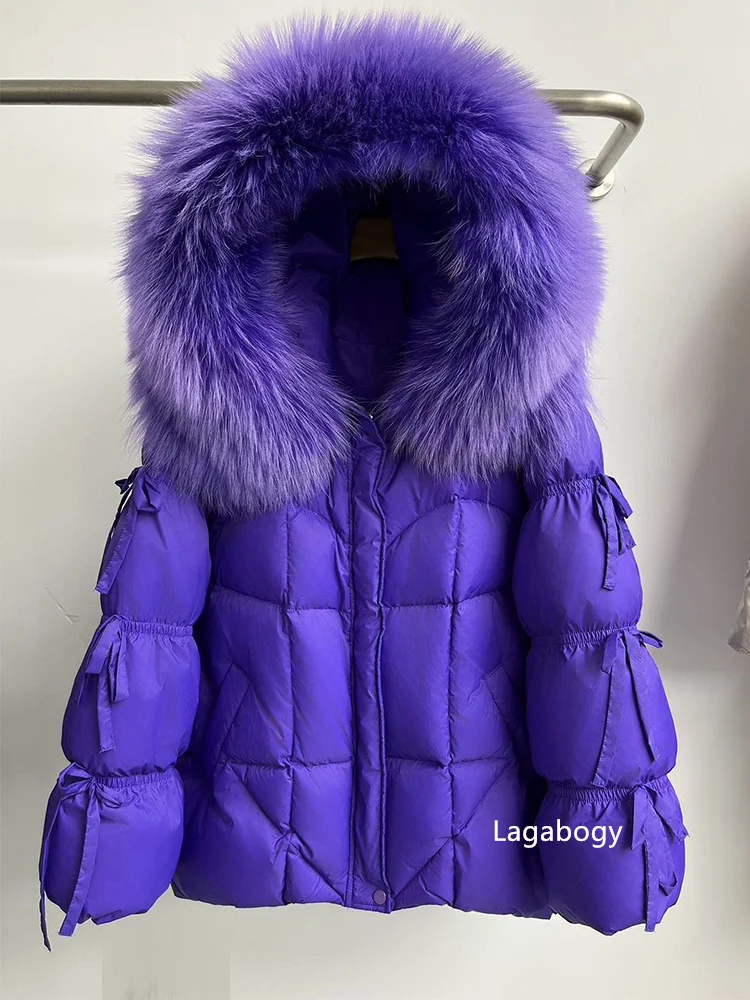 Lagabogy 2026 Big Natural Fox Fur Puffer Jacket New Winter Clothes Women Thick Warm White Duck Down Coat Female Real Fur Parker