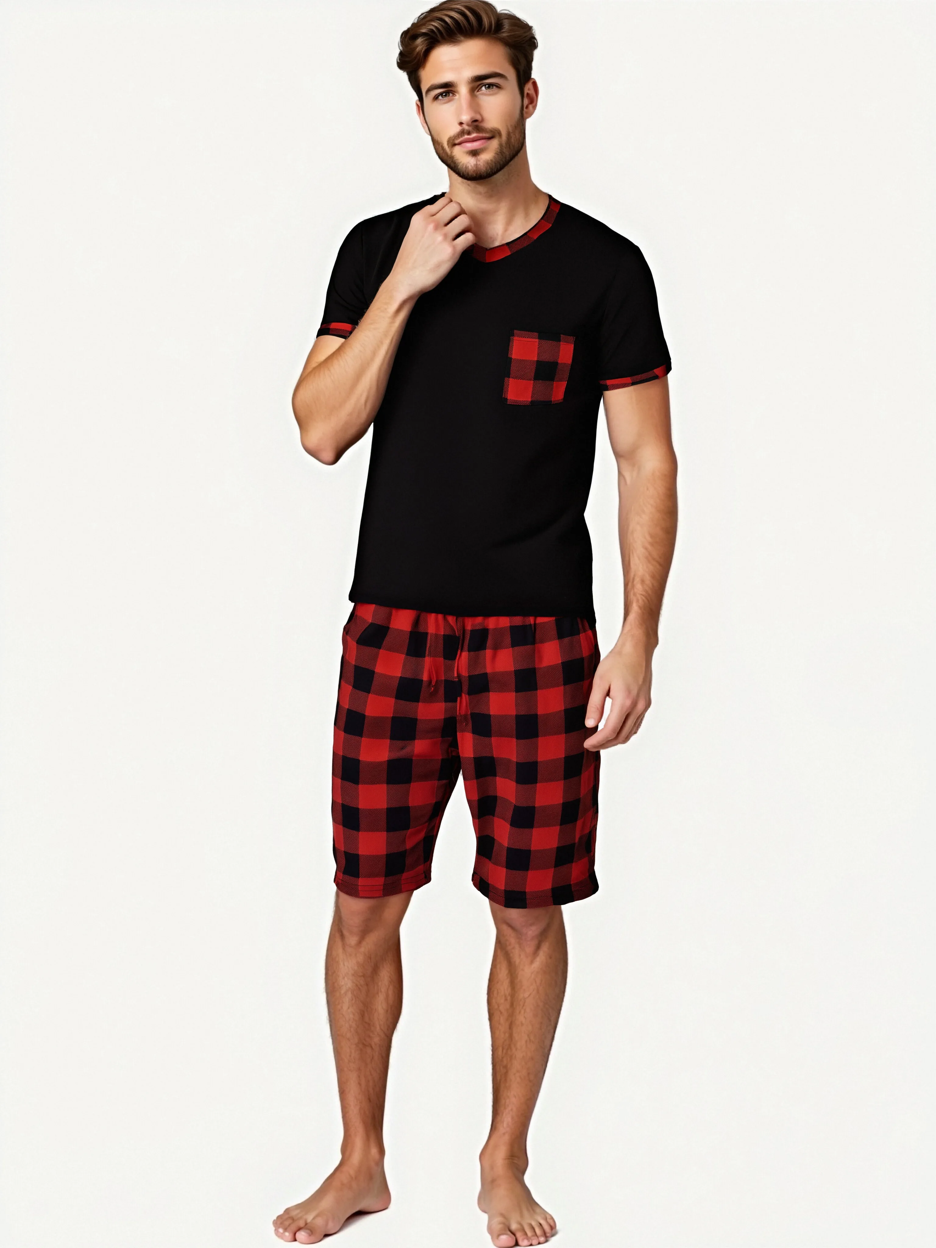 

Mens Pajama Sets Short Sleeve Plaid Pajamas for Men Pjs Set Soft Lounge Sleepwear Pj Pants with Pockets Drawstring Shorts Shirts