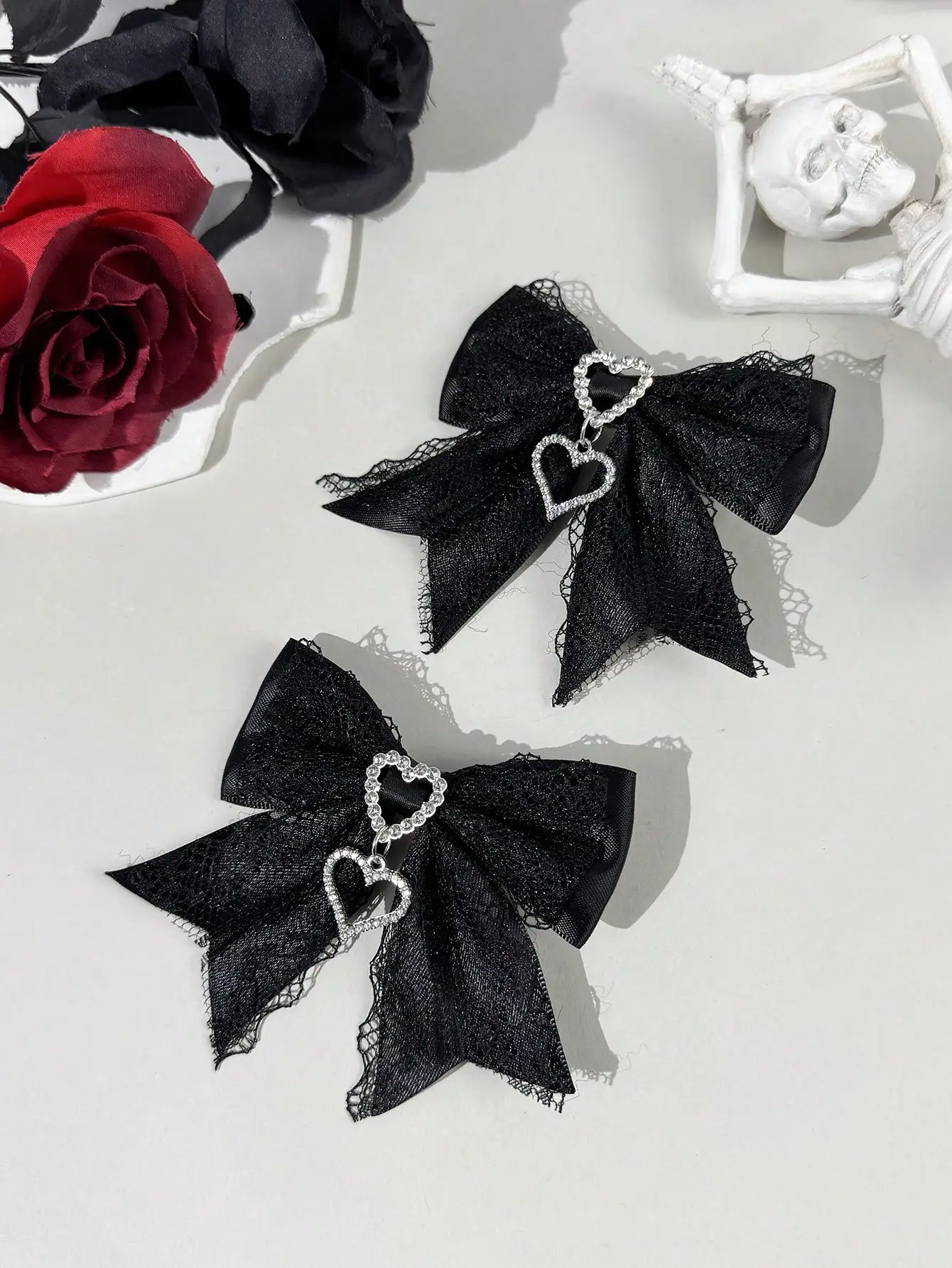 Two-piece set of women's street-style youthful sweet-cool lace ribbon rhinestone accessory bow hair clip, suitable for any scene - view 5