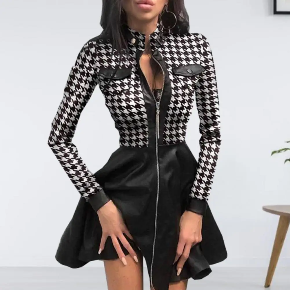 

Women Dress Elegant Faux Leather Dress Stylish Plaid Printed A-line Dress Elegant And Stylish Women Dress